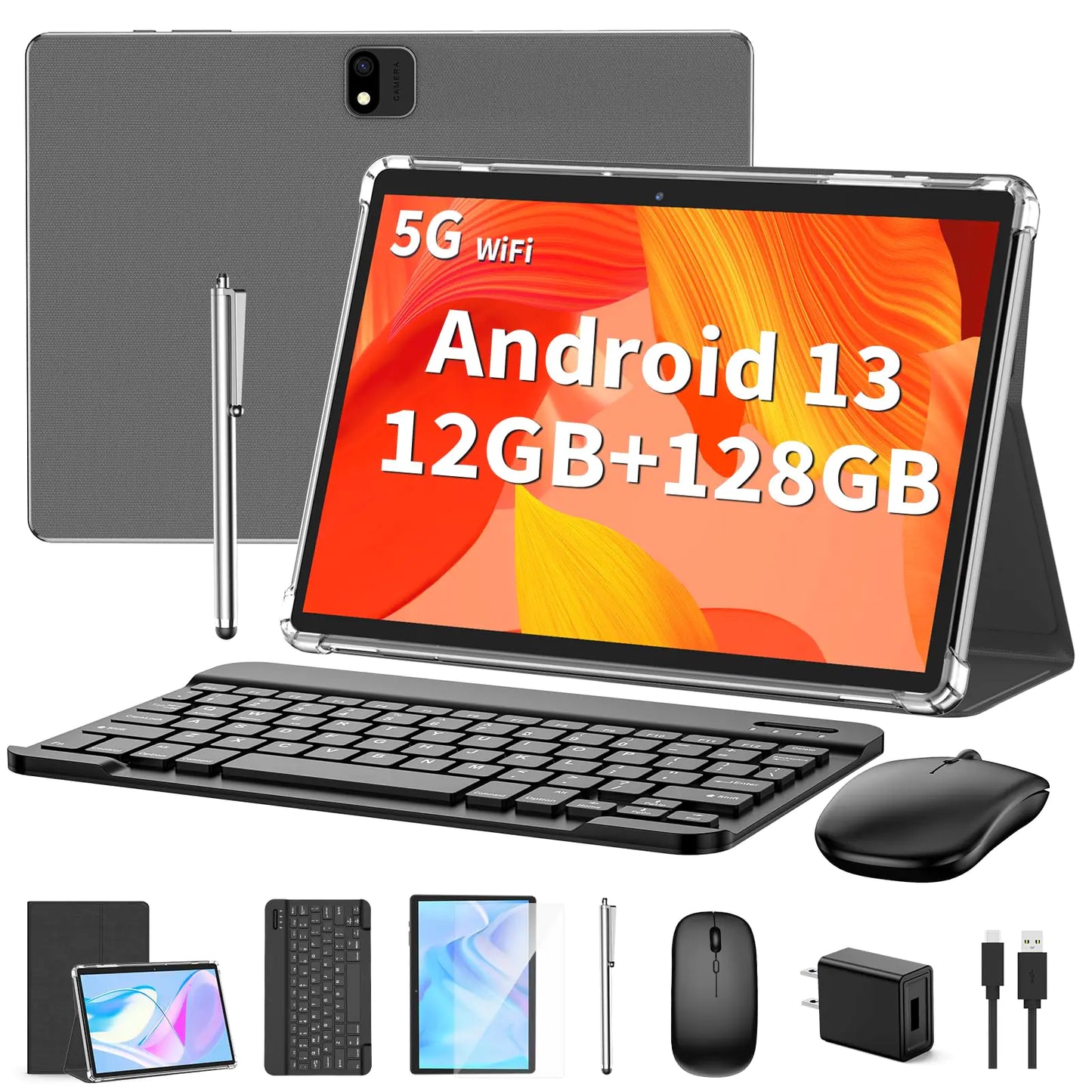 Tablette Android avec clavier, Android 13, 12 Go (6+6 Go) + 128 Go extensible jusqu'à 1 To, tablette 2 en 1, 10 pouces, avec étui, souris et stylet, batterie 8000 mAh, Wi-Fi 2,4 GHz/5 GHz, GPS, certifiée, noire.