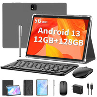 Tablette Android avec clavier, Android 13, 12 Go (6+6 Go) + 128 Go extensible jusqu'à 1 To, tablette 2 en 1, 10 pouces, avec étui, souris et stylet, batterie 8000 mAh, Wi-Fi 2,4 GHz/5 GHz, GPS, certifiée, noire.