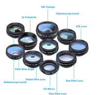 Kit d'objectifs APEXEL pour smartphone : objectif fisheye, grand angle, macro, filtre CPL, kaléidoscope, télescope 2x.