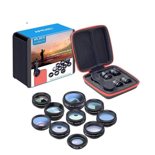 Kit d'objectifs APEXEL pour smartphone : objectif fisheye, grand angle, macro, filtre CPL, kaléidoscope, télescope 2x.