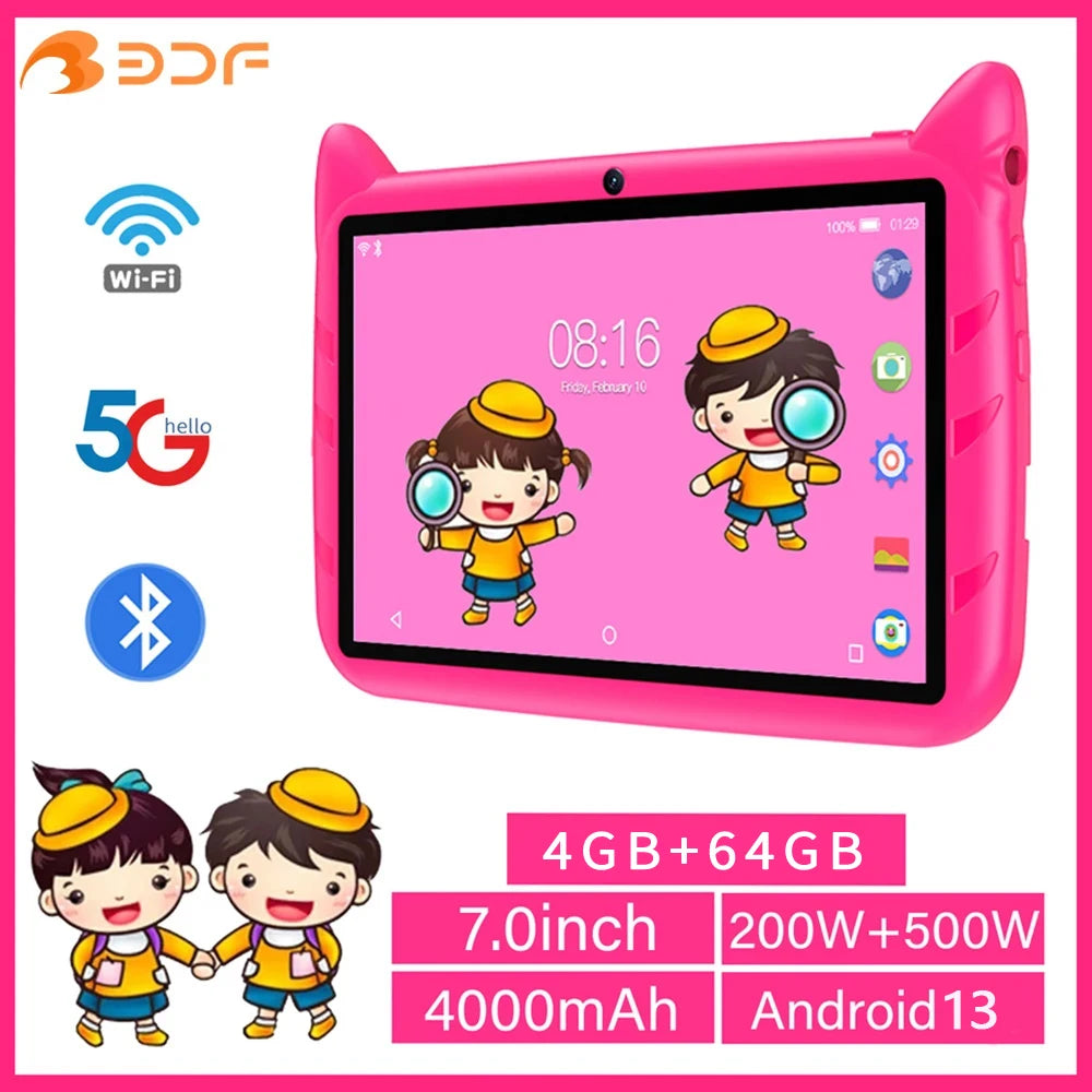 Tablette Android 13 pour enfants -BDF, extension 1 To, 4 Go de RAM, 64 Go de ROM, WiFi 5G, batterie 4000mAh, appareil photo touristique, cadeau pour enfants, logiciel pour enfants, 7 pouces