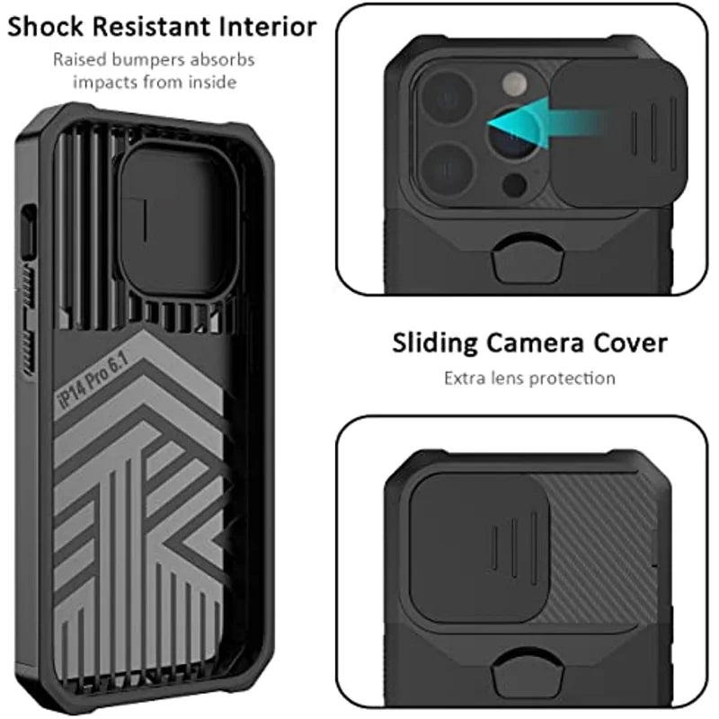 Case for iPhone 17, Pro and Pro Max. Rugged protection with sliding camera cover and clip-on card cover.