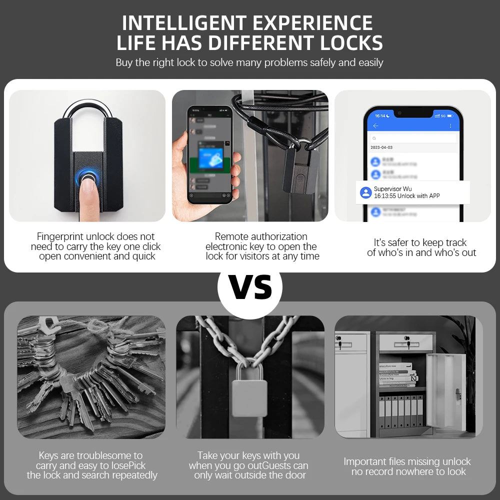 Cadenas intelligent empreinte digitale Bluetooth étanche IP67 rechargeable clé application