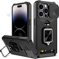 Case for iPhone 17, Pro and Pro Max. Rugged protection with sliding camera cover and clip-on card cover.