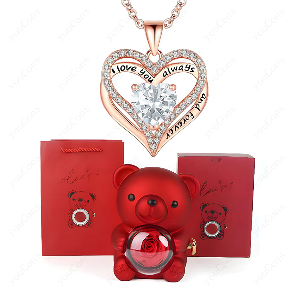 Collier Pendentif Cœur Rouge avec Ours Mignon – Boîte Cadeau
