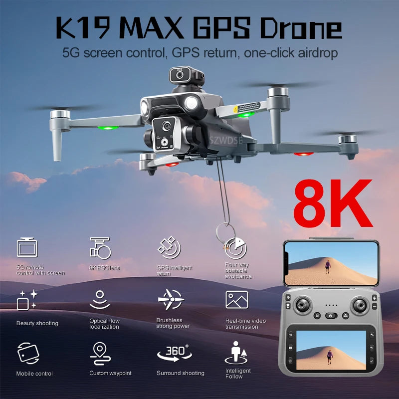 Drone K19 MAX GPS 8K FPV évitement obstacles pliable