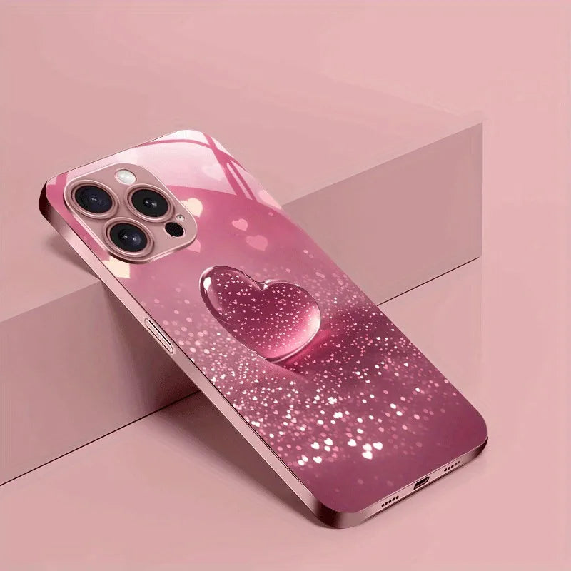 Coque verre trempé cœur cristal métal rose iPhone 11-17 Pro max