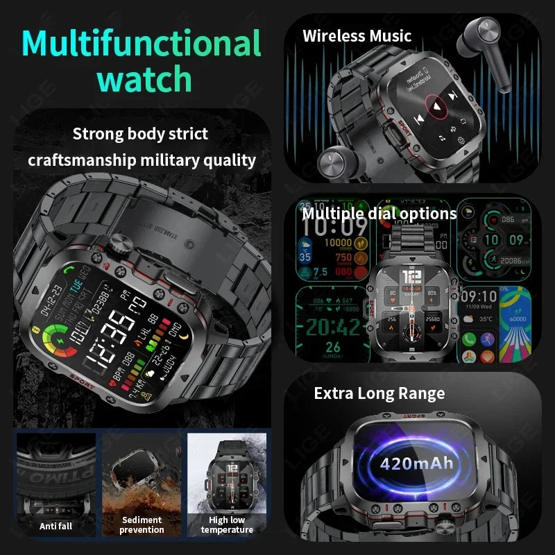 Montre intelligente militaire étanche IP68 appels Bluetooth Android iOS écran 2.01
