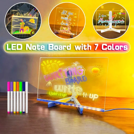 Tableau LED transparent dessin enfant avec 7 marqueurs couleur