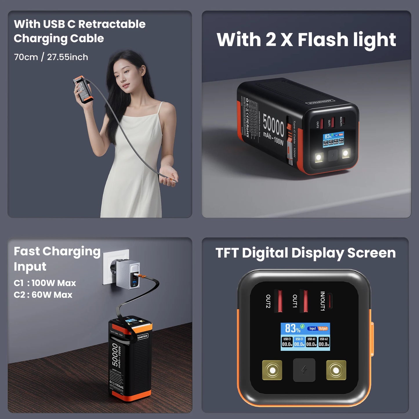Batterie externe 50000mAh 100W PD PPS charge Super rapide batterie de rechange Portable type-c câble rétractable Powerbank pour téléphone Portable