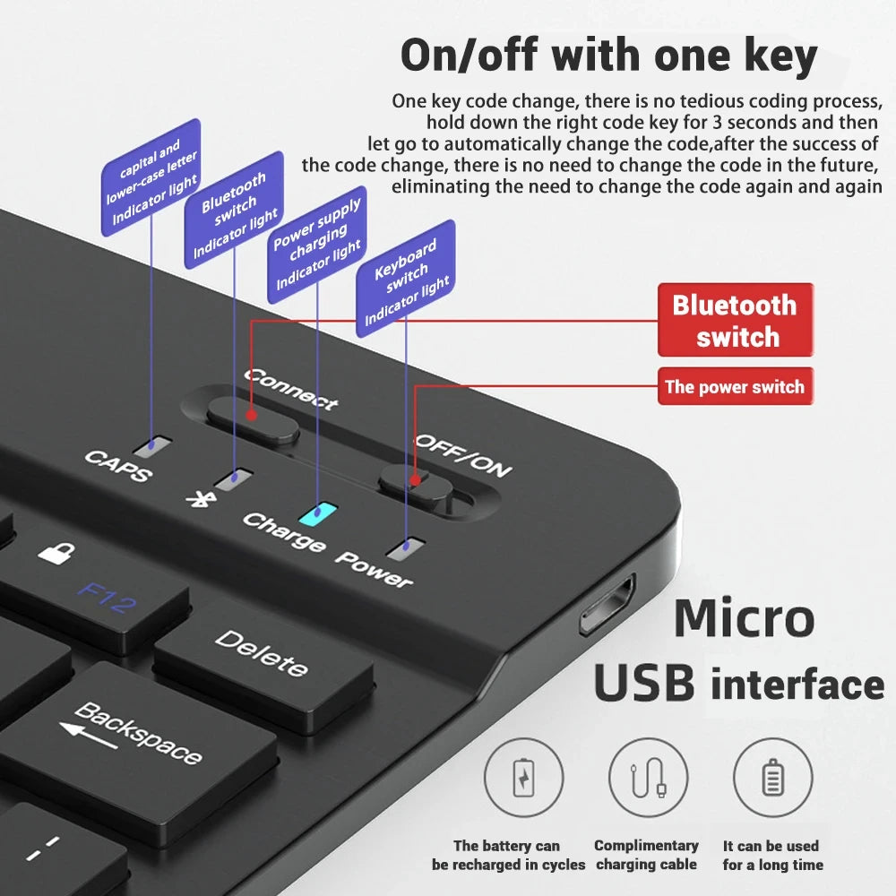 Mini clavier Bluetooth sans fil, rétro4.2, TouchSub, RVB, 10 ", IOS, Android, Windows, iPad