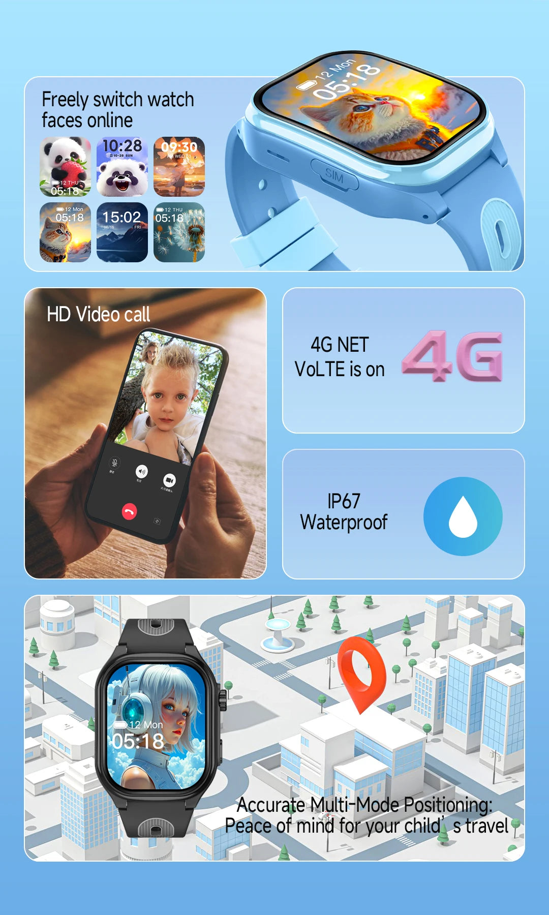 Smart Watch enfant 4G GPS WiFi Appels SOS Localisation Garçons/Filles