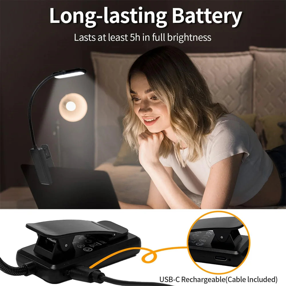Lampe LED lecture USB, pince, 3 couleurs, travail, étudiant.