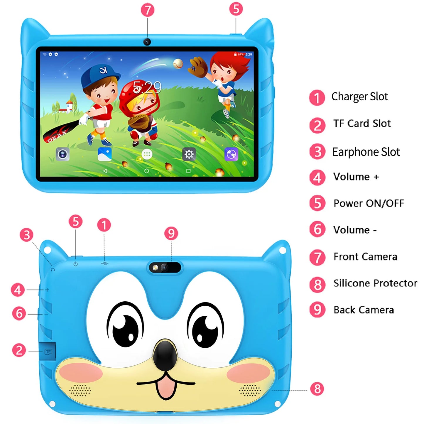 Tablette Android 13 pour enfants -BDF, extension 1 To, 4 Go de RAM, 64 Go de ROM, WiFi 5G, batterie 4000mAh, appareil photo touristique, cadeau pour enfants, logiciel pour enfants, 7 pouces