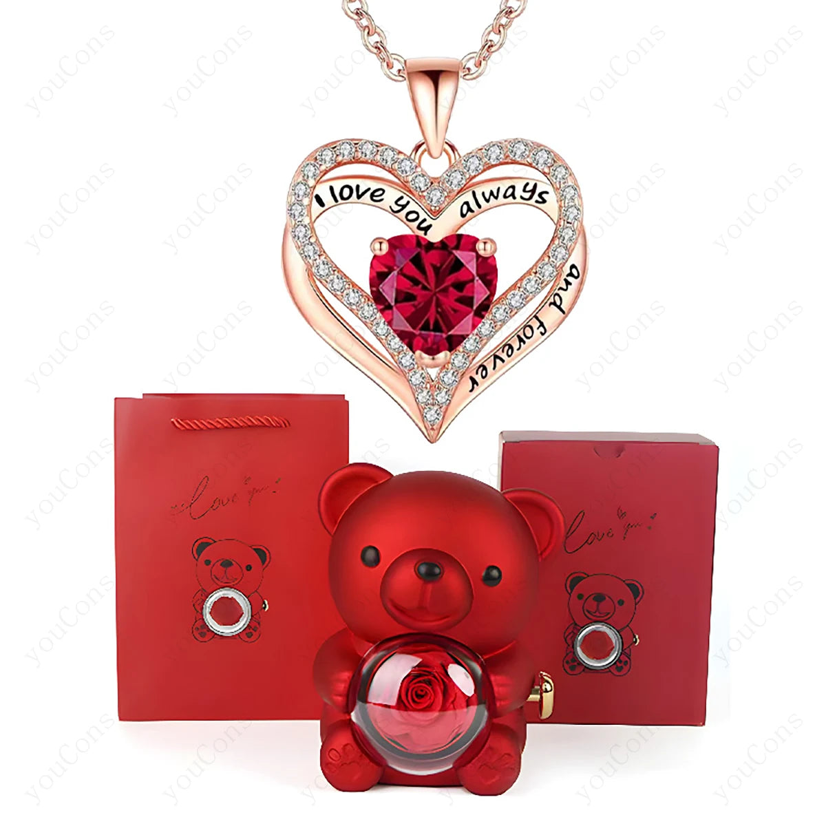 Collier Pendentif Cœur Rouge avec Ours Mignon – Boîte Cadeau