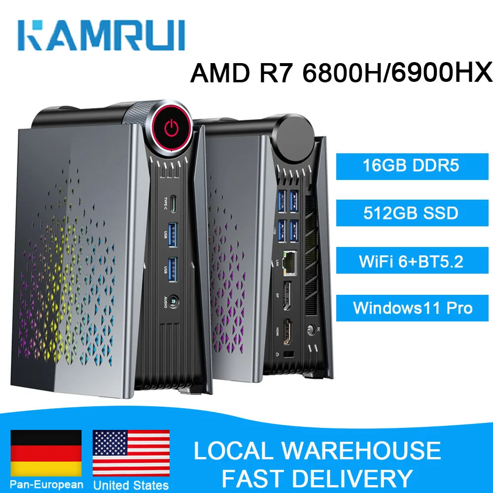 Mini PC de jeu KAMRUI AMD R9 6900HX/R7 6800H 16 Go DDR5 512 Go SSD M.2 NVMe Wifi6 BT5.2 4K/8K UHD Graphique Radeon 680M Éclairage RVB