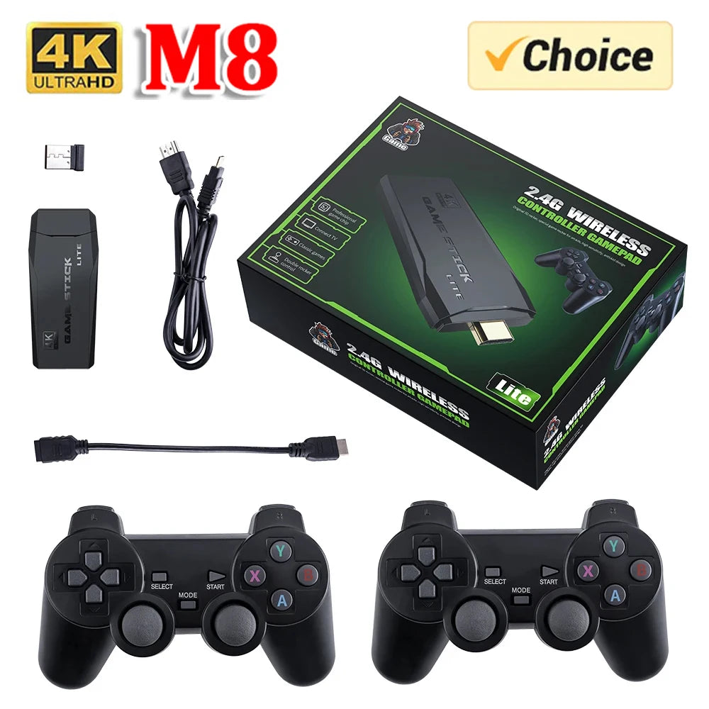 Console de jeu vidéo Stick Lite M8, double manette sans fil pour 10000 jeux rétro, cadeau de Noël pour enfant, 64 Go, 4K HD