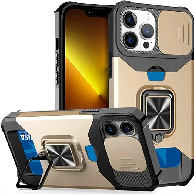 Case for iPhone 17, Pro and Pro Max. Rugged protection with sliding camera cover and clip-on card cover.