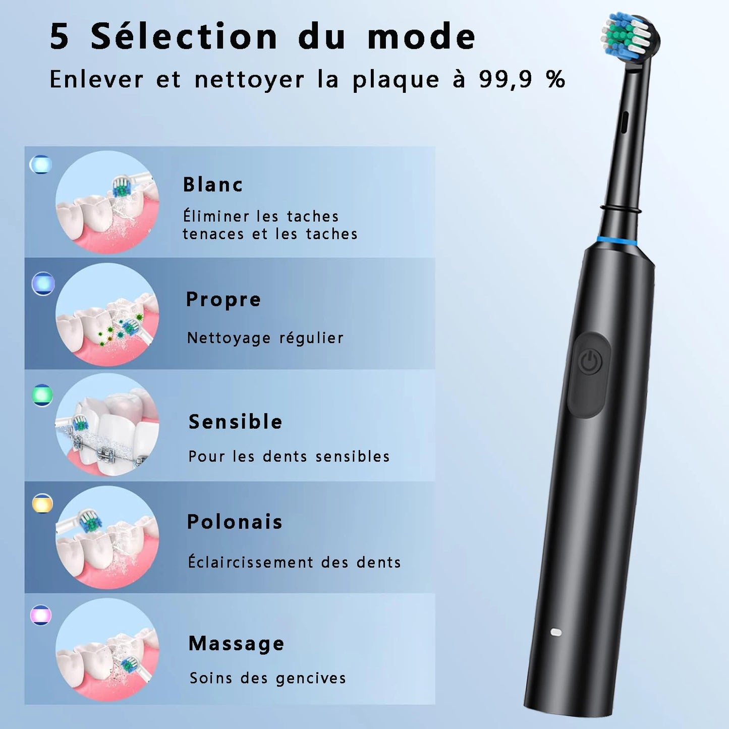 Brosse à dents électrique rechargeable étanche avec 8 têtes