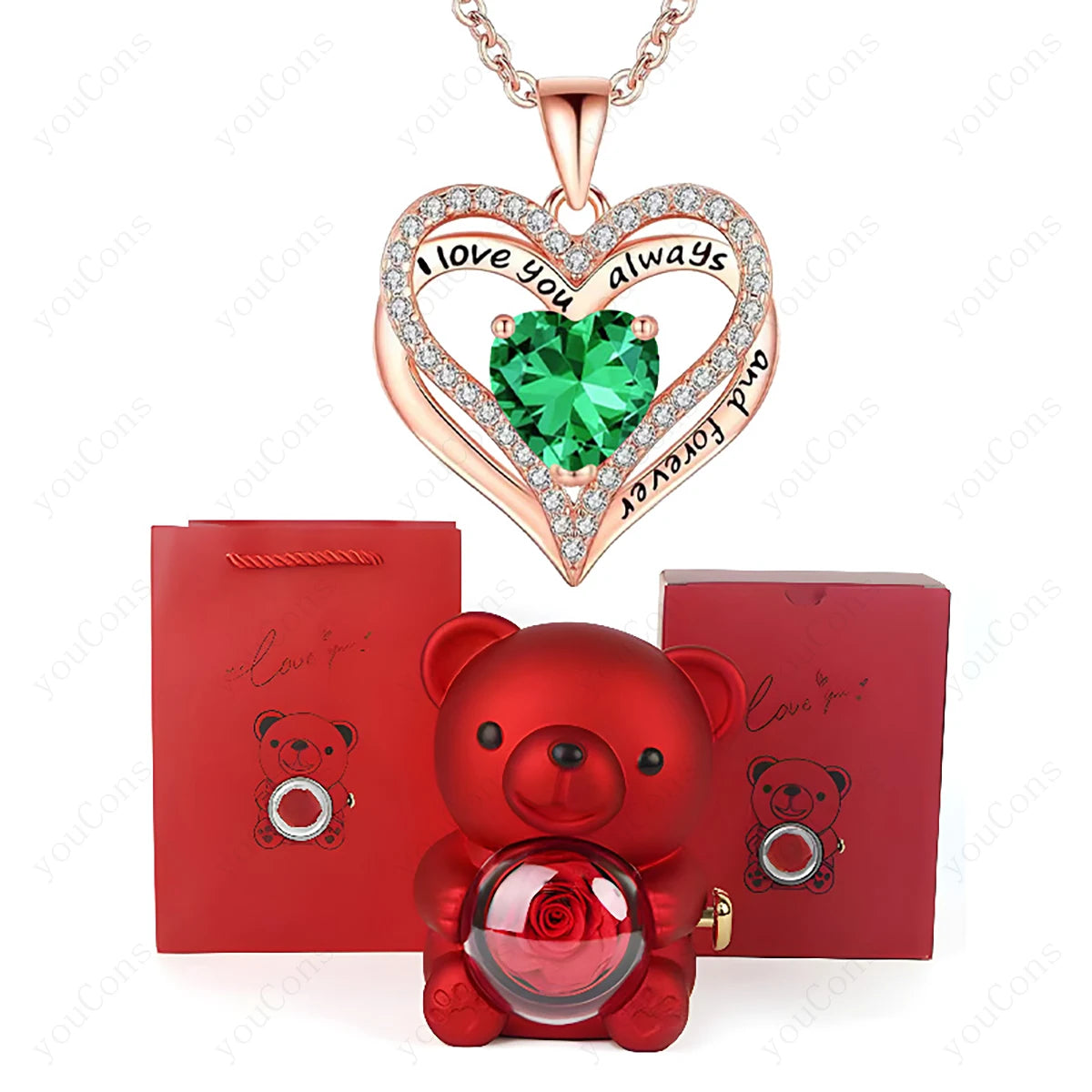 Collier Pendentif Cœur Rouge avec Ours Mignon – Boîte Cadeau