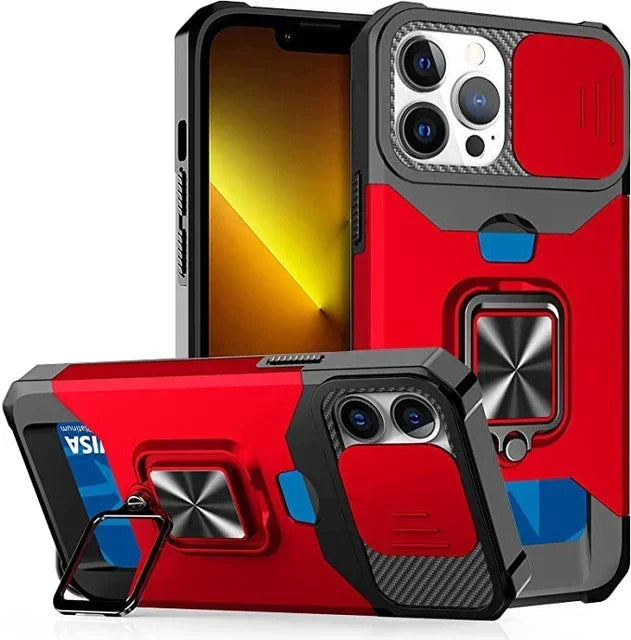 Case for iPhone 17, Pro and Pro Max. Rugged protection with sliding camera cover and clip-on card cover.