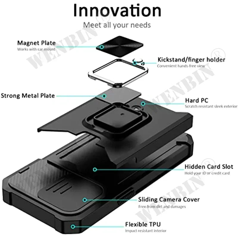 Case for iPhone 17, Pro and Pro Max. Rugged protection with sliding camera cover and clip-on card cover.
