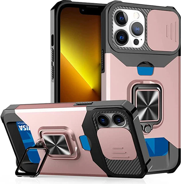 Case for iPhone 17, Pro and Pro Max. Rugged protection with sliding camera cover and clip-on card cover.