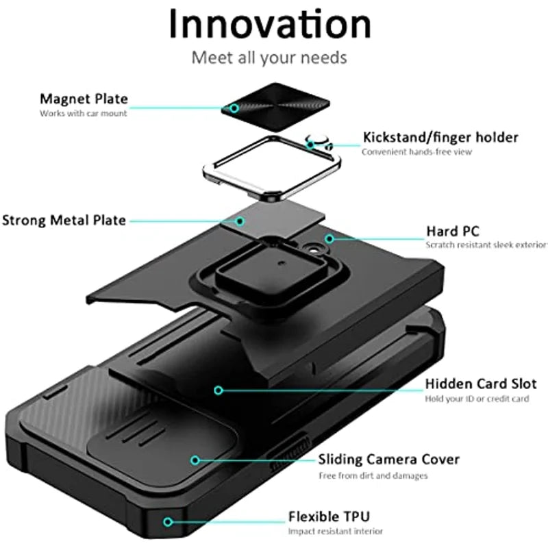 Case for iPhone 17, Pro and Pro Max. Rugged protection with sliding camera cover and clip-on card cover.