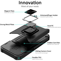 Case for iPhone 17, Pro and Pro Max. Rugged protection with sliding camera cover and clip-on card cover.