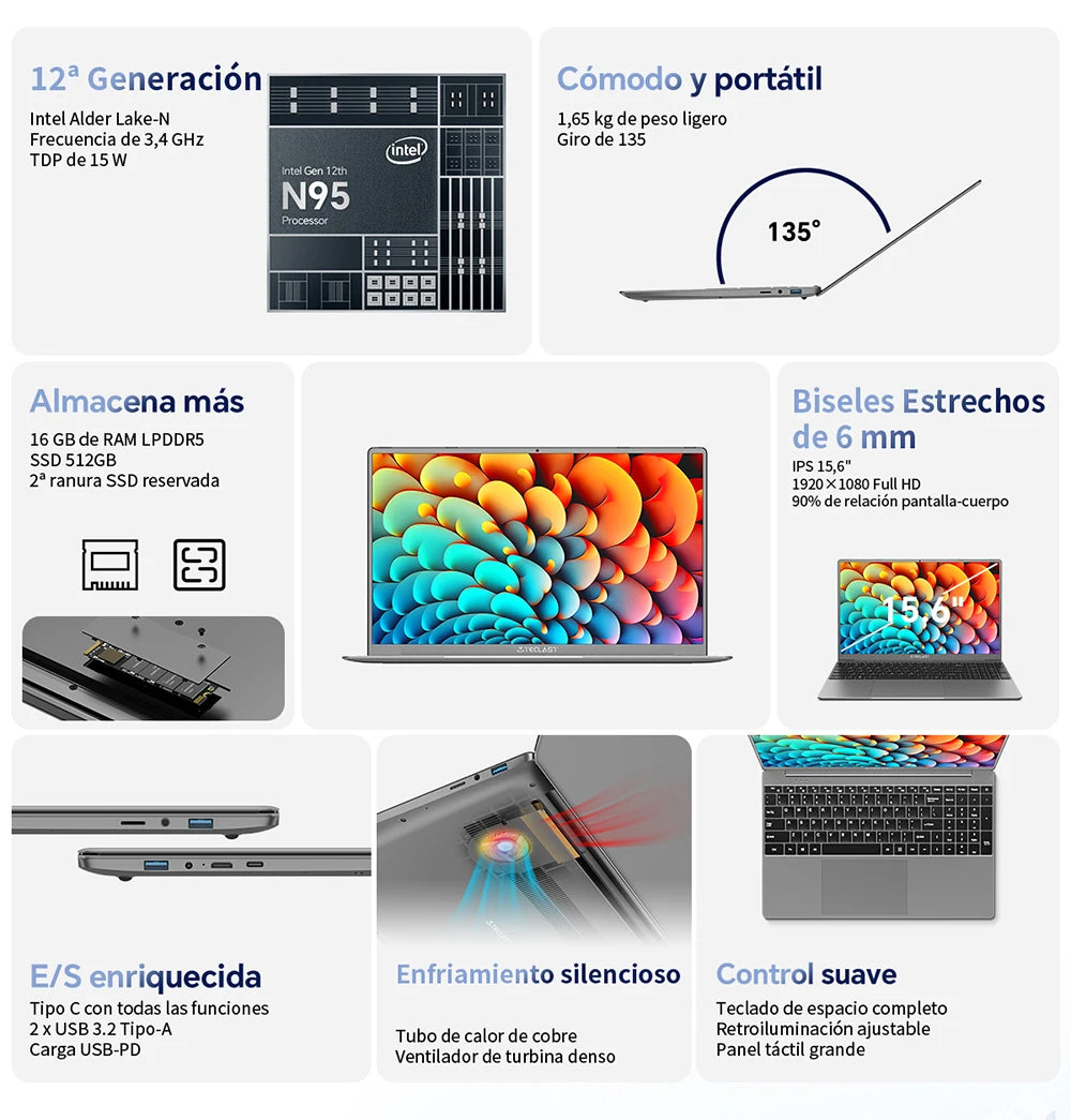 TECLAST F16Pro Laptop with Retro Keyboard4.2, 15.6 inch, 16GB RAM, 512GB SSD, Intel N95 Processor, 1080P FHD IPS Screen, WiFi 6, BT 5.0, USB 3.2, 38000mWh