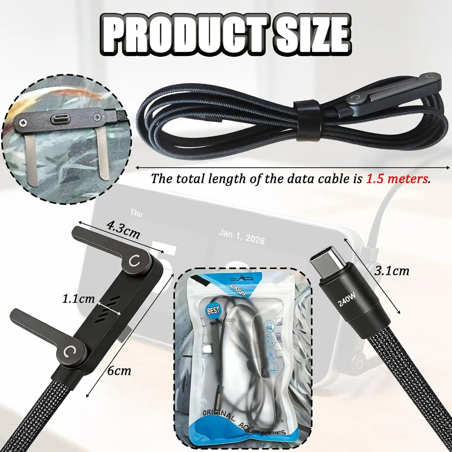 Câble Type-C 2-en-1 90° charge rapide 240W support