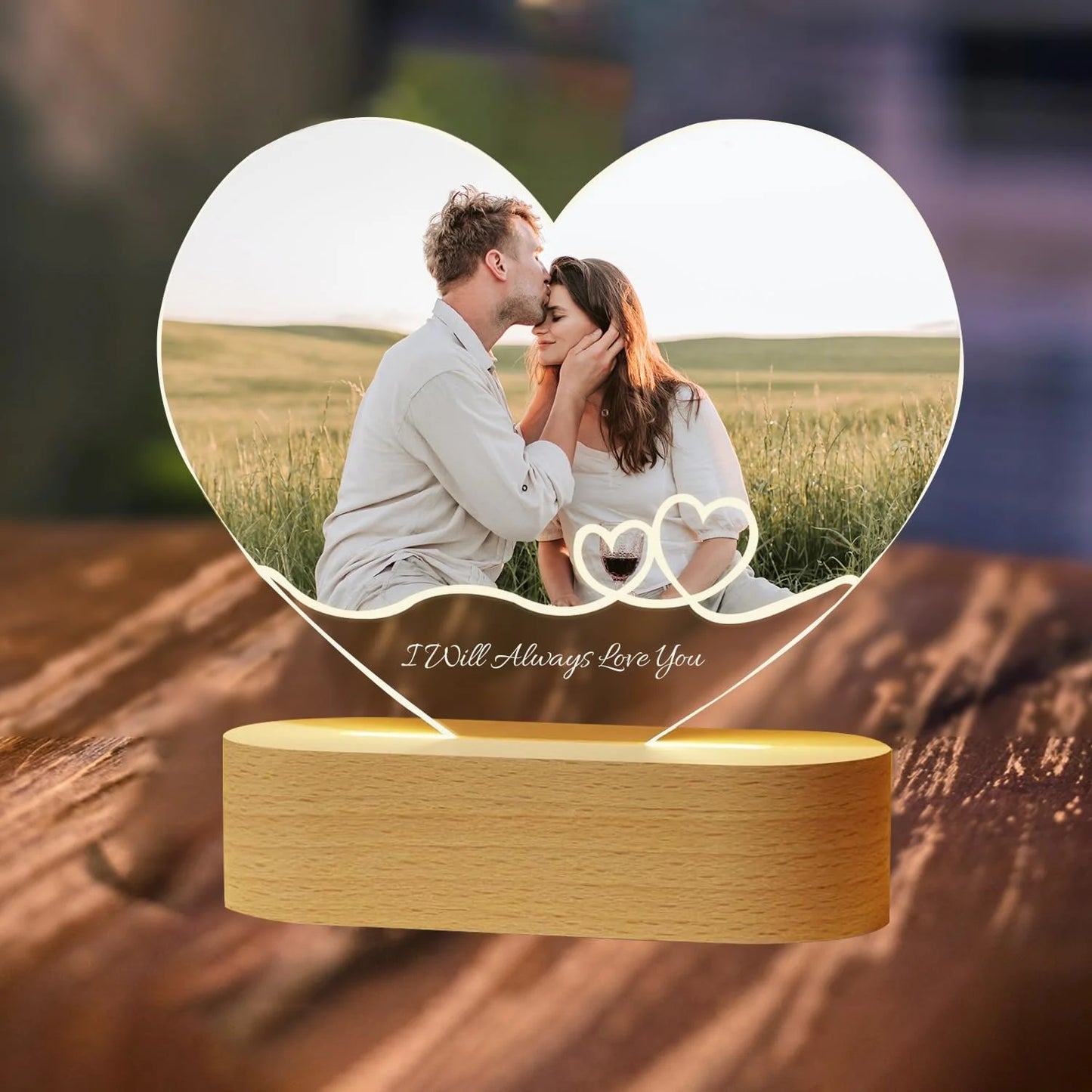 Lampe 3D personnalisée photo texte gravés base bois cadeau