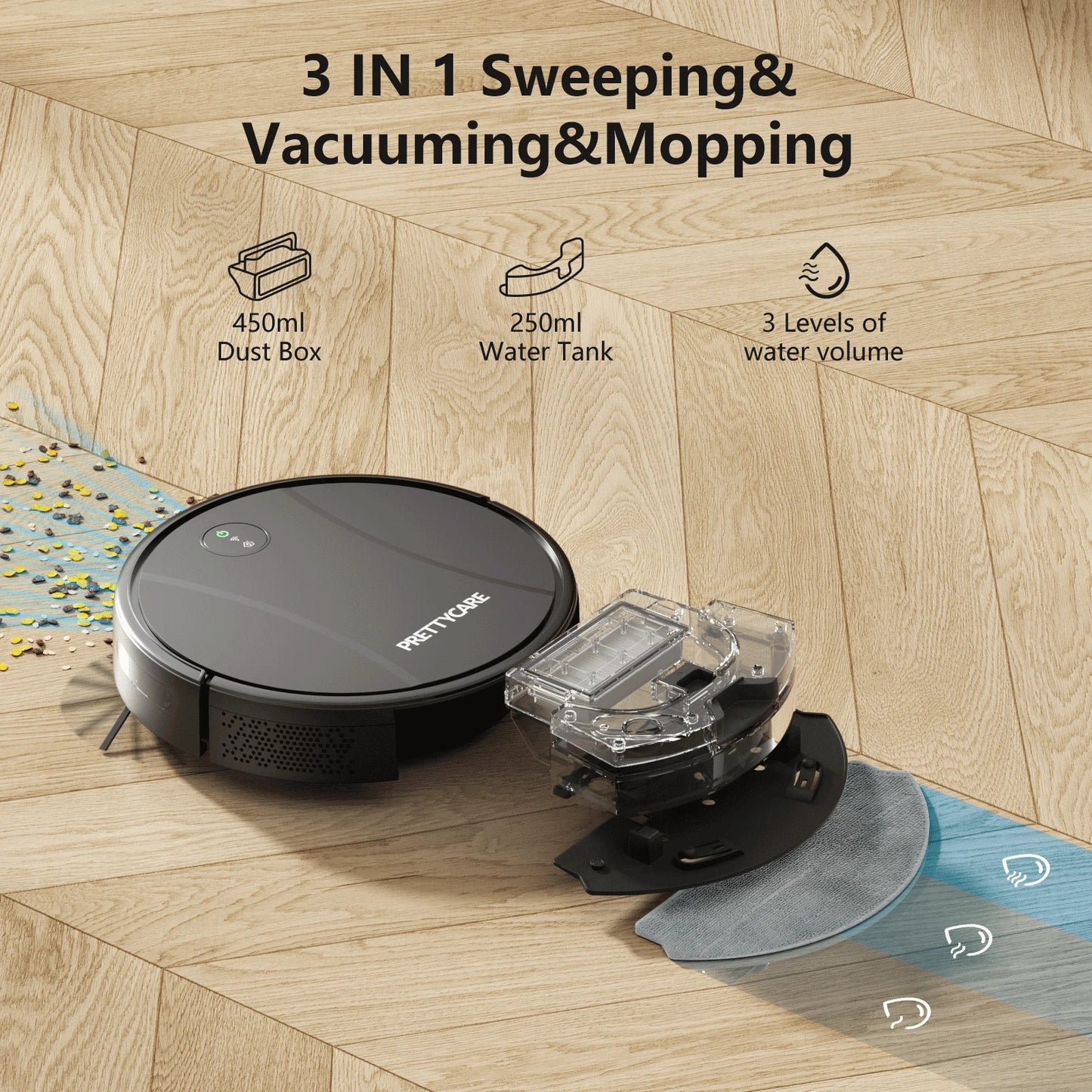 Aspirateur robot PrettyCare C2 4000Pa WiFi Alexa Auto Boost