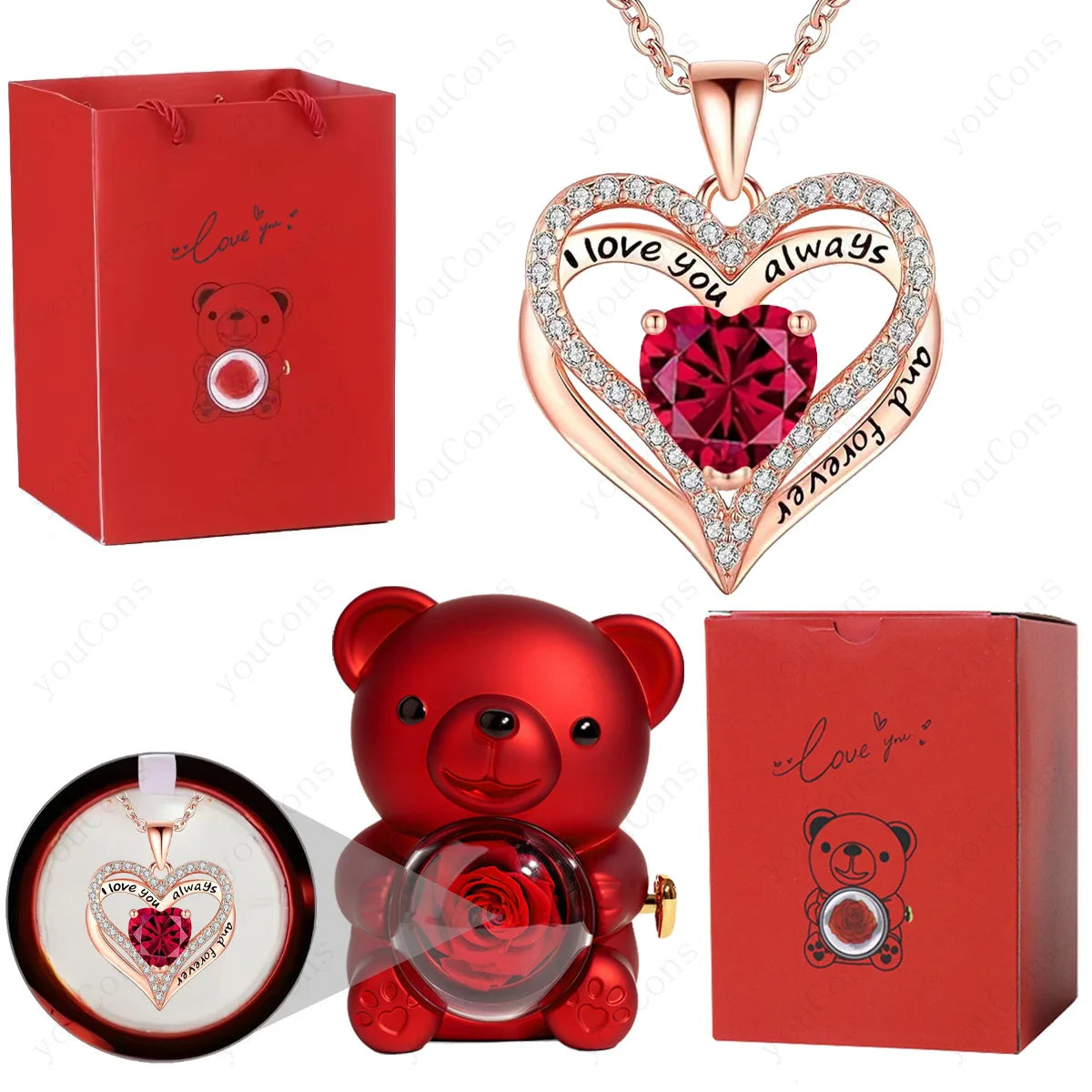 Collier Pendentif Cœur Rouge avec Ours Mignon – Boîte Cadeau