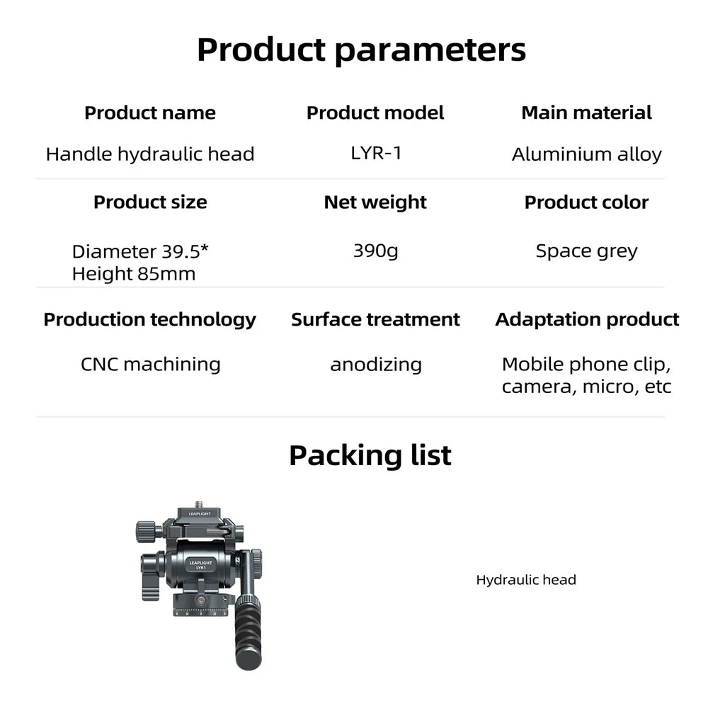 Tête Trépied LEAPLIGHT Aluminium Fluide Hydraulique Panoramique