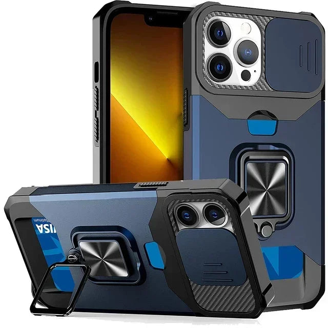 Case for iPhone 17, Pro and Pro Max. Rugged protection with sliding camera cover and clip-on card cover.