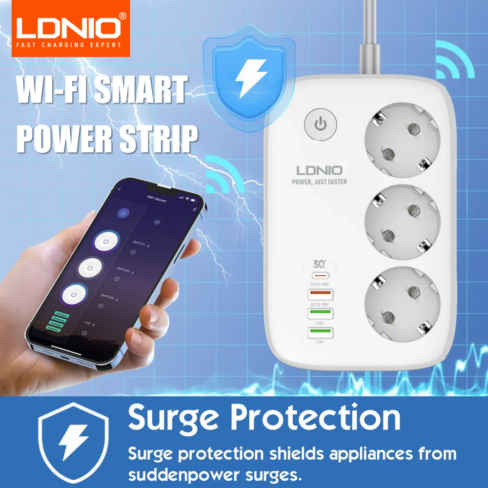 LDNIO – multiprise intelligente Tuya WIFI, câble d'extension de prise ue, adaptateur de synchronisation avec 3 prises, 3 ports USB, application Bluetooth Smart Life