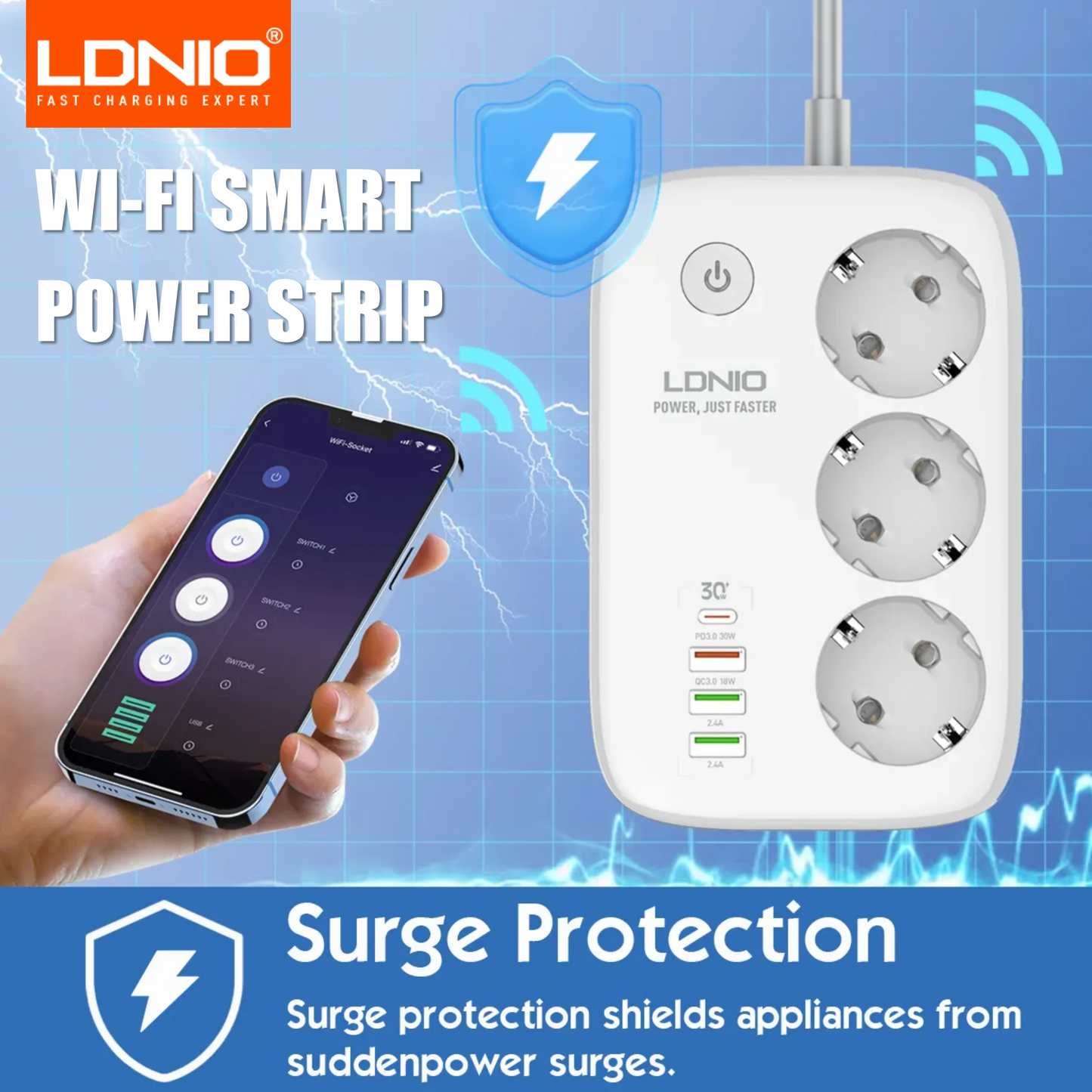 LDNIO – multiprise intelligente Tuya WIFI, câble d'extension de prise ue, adaptateur de synchronisation avec 3 prises, 3 ports USB, application Bluetooth Smart Life