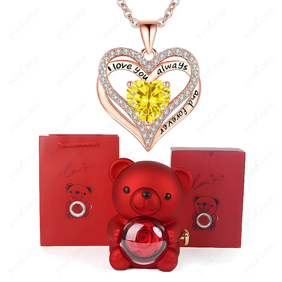 Collier Pendentif Cœur Rouge avec Ours Mignon – Boîte Cadeau