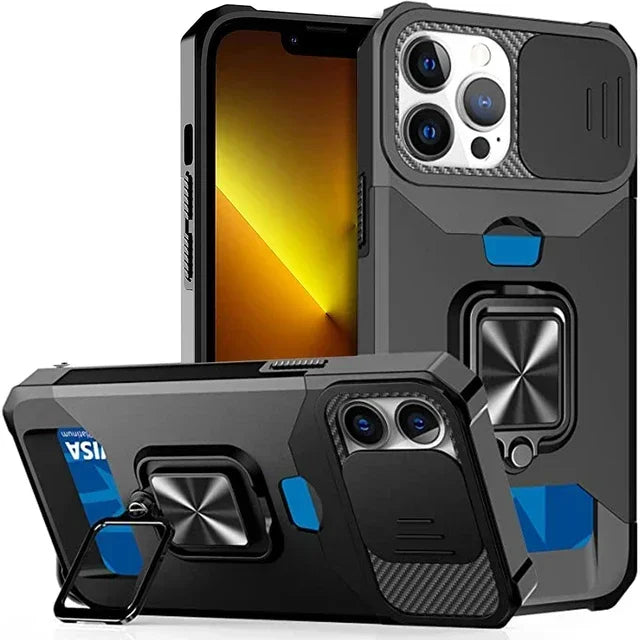 Case for iPhone 17, Pro and Pro Max. Rugged protection with sliding camera cover and clip-on card cover.