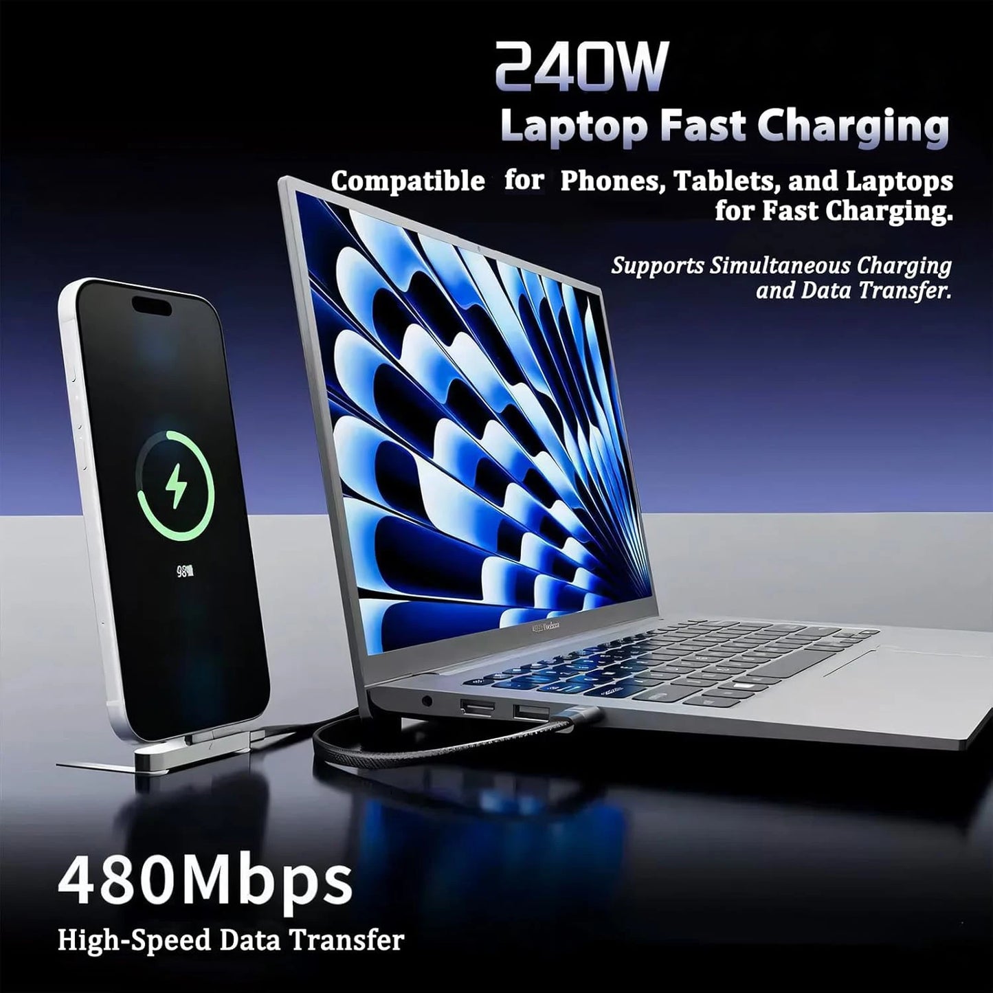 Câble Type-C 2-en-1 90° charge rapide 240W support