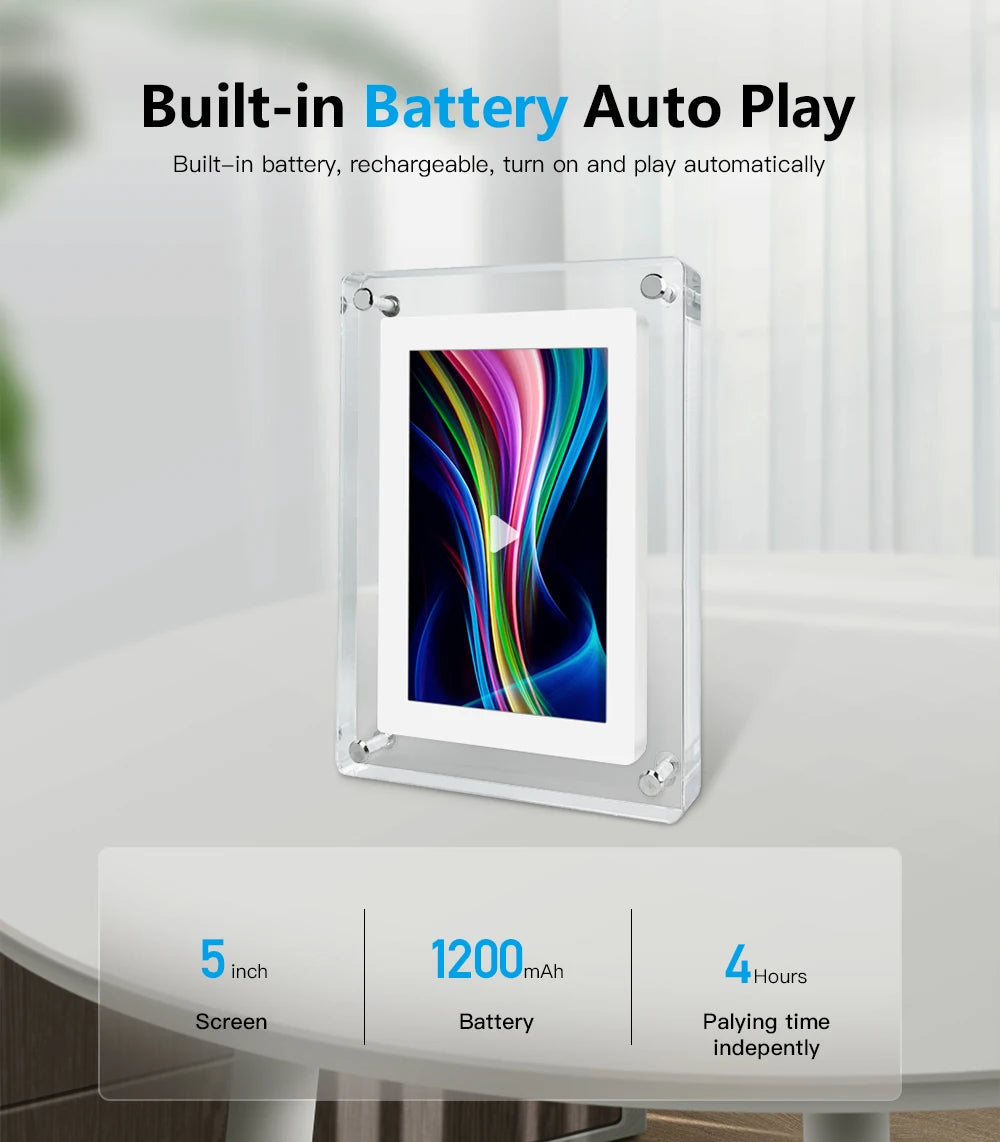 Cadre numérique acrylique 5 pouces IPS 4Go 1200mAh