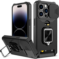 Case for iPhone 17, Pro and Pro Max. Rugged protection with sliding camera cover and clip-on card cover.