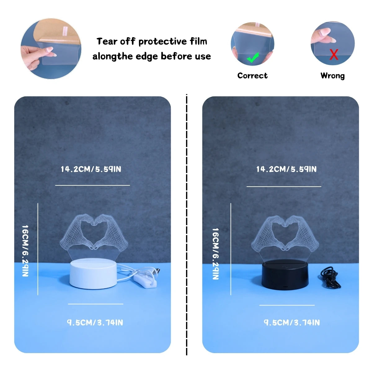 Veilleuse 3D cœur deux mains LED maison bureau cadeau