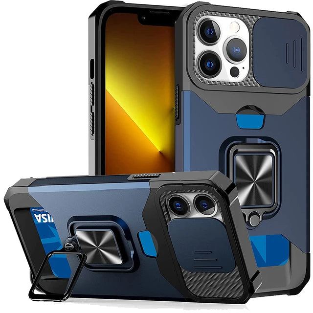 Case for iPhone 17, Pro and Pro Max. Rugged protection with sliding camera cover and clip-on card cover.