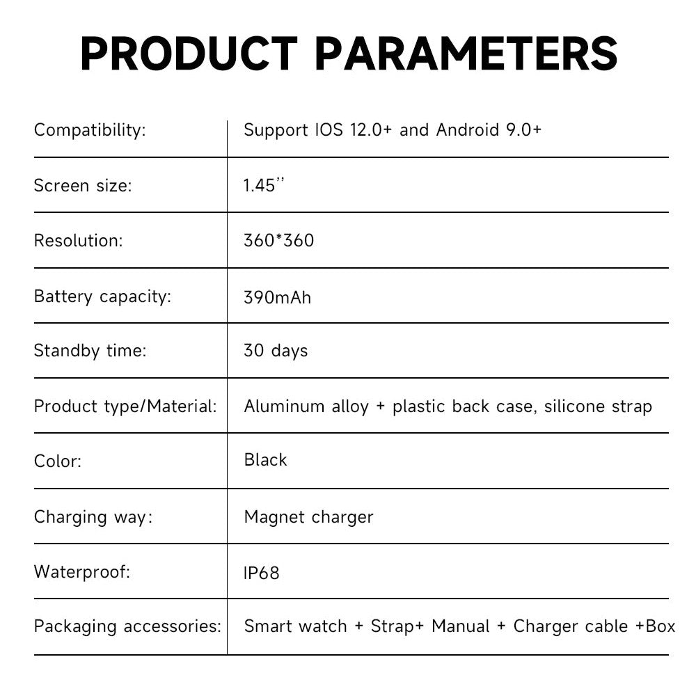 Montre connectée Bluetooth 1,45" pour Android/iPhone, appels