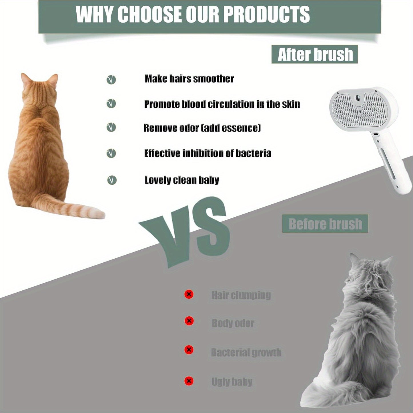 Brosse 3-en-1 animaux vapeur, massage, retrait poils