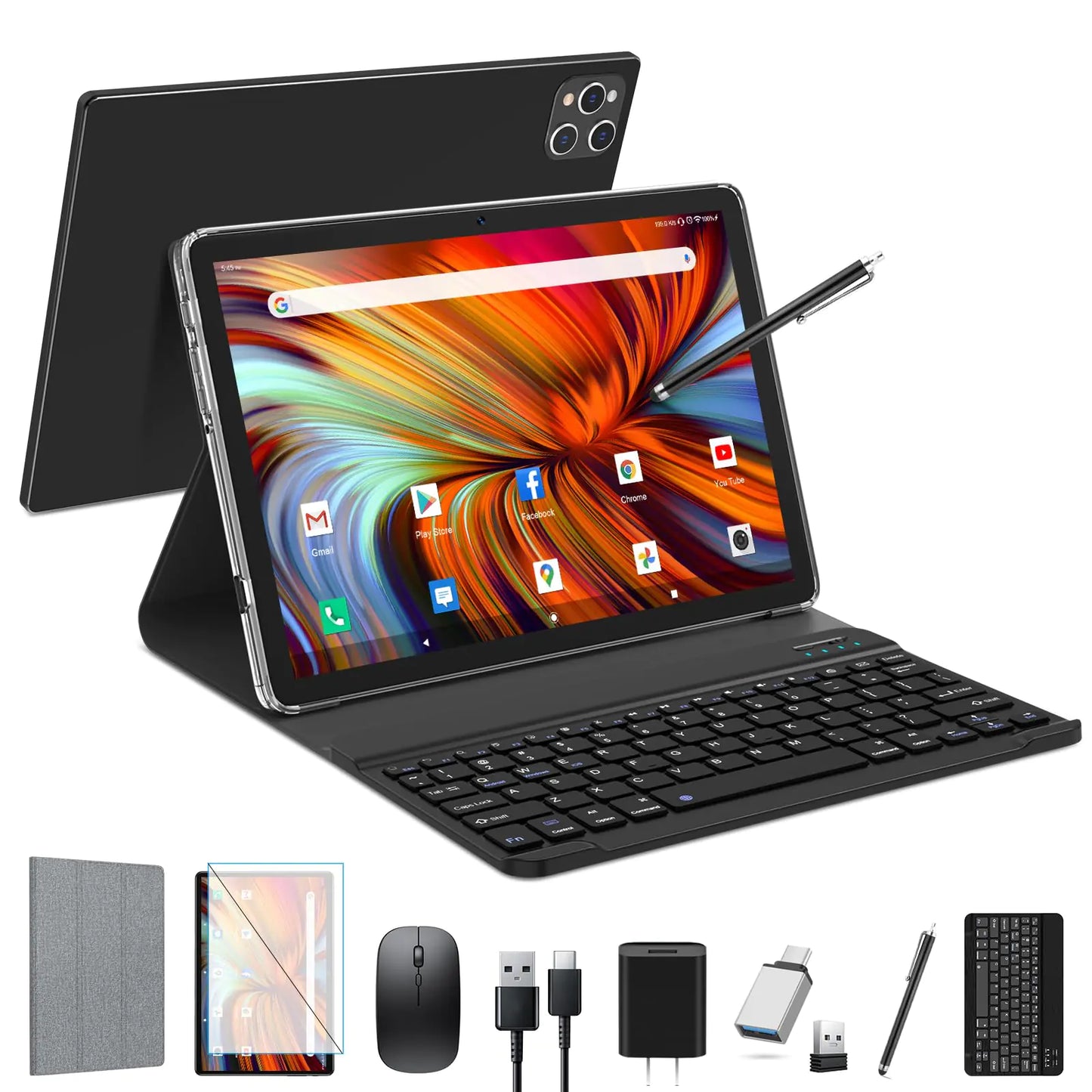 Android Tablet 2025, latest version, 10 inches, Android 13, with keyboard, 128 GB ROM, 16 GB RAM, TF expansion up to 1 TB, octa-core processor, 5G, Wi-Fi, Full HD 1080p screen, dual camera 13 MP + 8 MP, Bluetooth 5.0, GPS, mouse and black case.